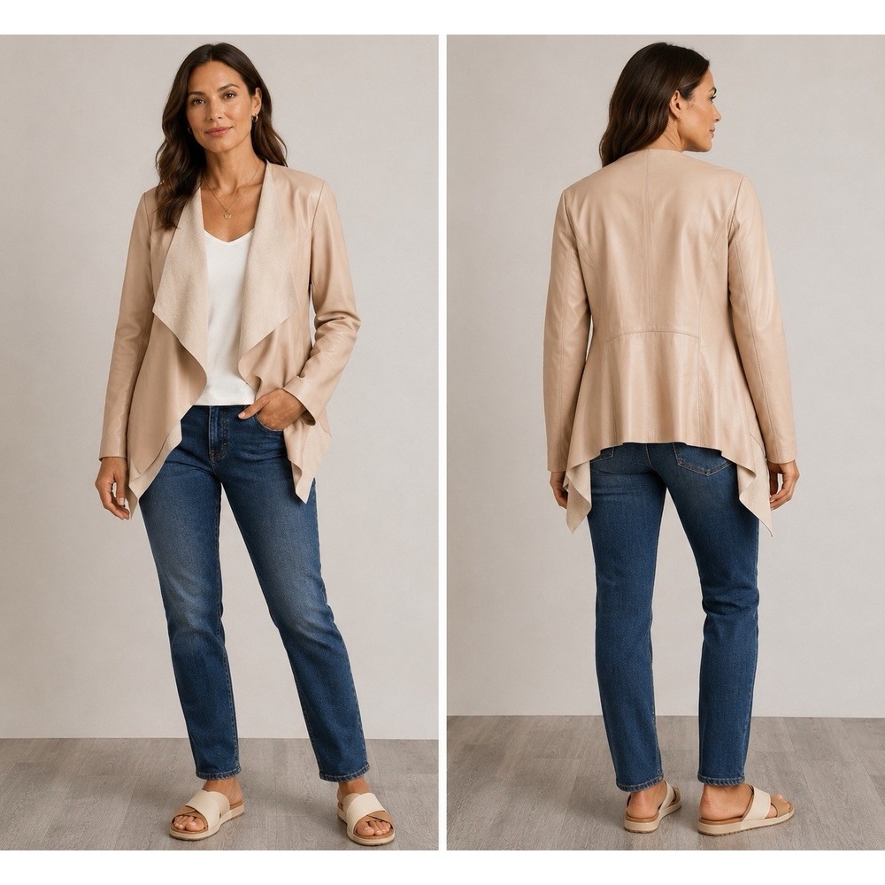 Halogen Womens Blush Beige Faux Leather Draped Open Front Waterfall Jacket 1X